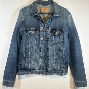 American Eagle Womens Long Sleeve Denim Trucker Jacket Pockets Small Distressed